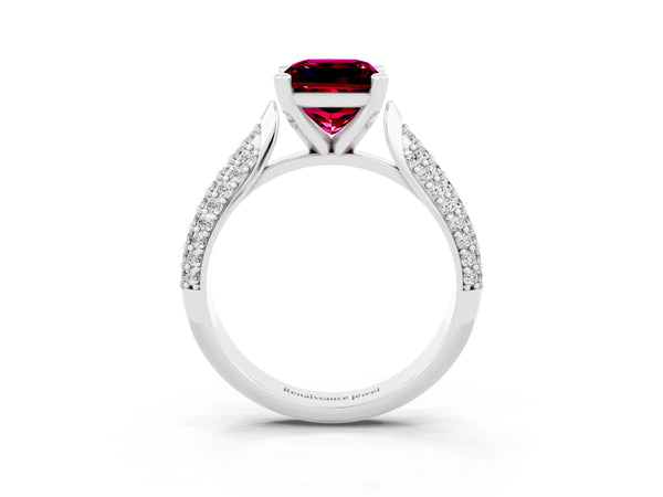 Silver Princess Cut Garnet Solitaire Engagement Ring with Multi-Row Round Pavé Band and Prong Setting