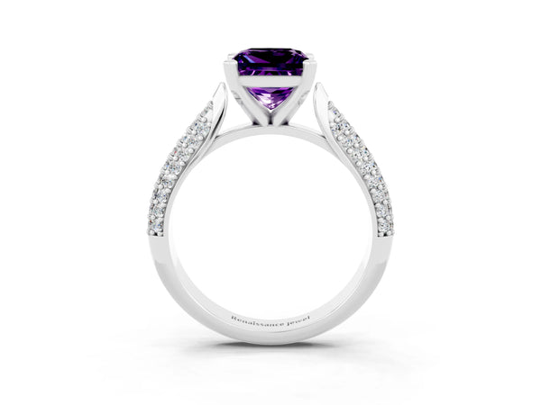 Platinum Princess Cut Amethyst Solitaire Engagement Ring with Multi-Row Round Pavé Band and Prong Setting