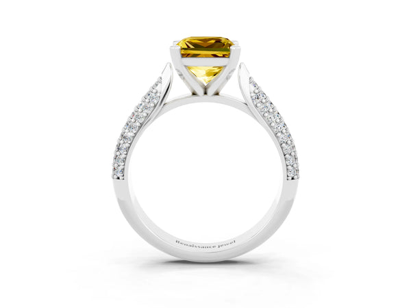 Silver Princess Cut Yellow Sapphire Solitaire Engagement Ring with Multi-Row Round Pavé Band and Prong Setting
