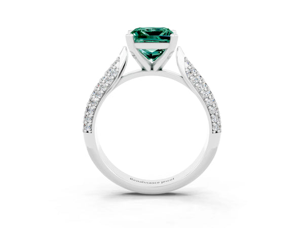 Platinum Princess Cut Green Sapphire Solitaire Engagement Ring with Multi-Row Round Pavé Band and Prong Setting