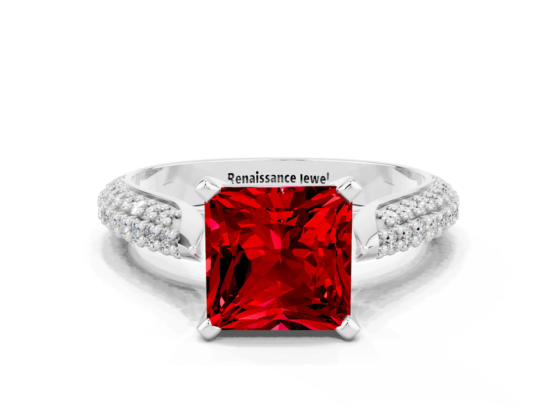 White gold Princess Cut Diamond Solitaire Engagement Ring with Pavé Band and Four-Prong Setting