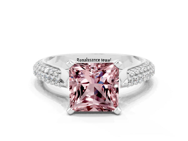 Platinum Princess Cut Diamond Solitaire Engagement Ring with Pavé Band and Four-Prong Setting