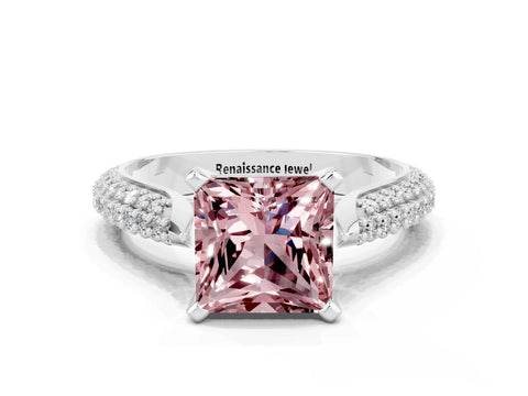 White gold Princess Cut Diamond Solitaire Engagement Ring with Pavé Band and Four-Prong Setting