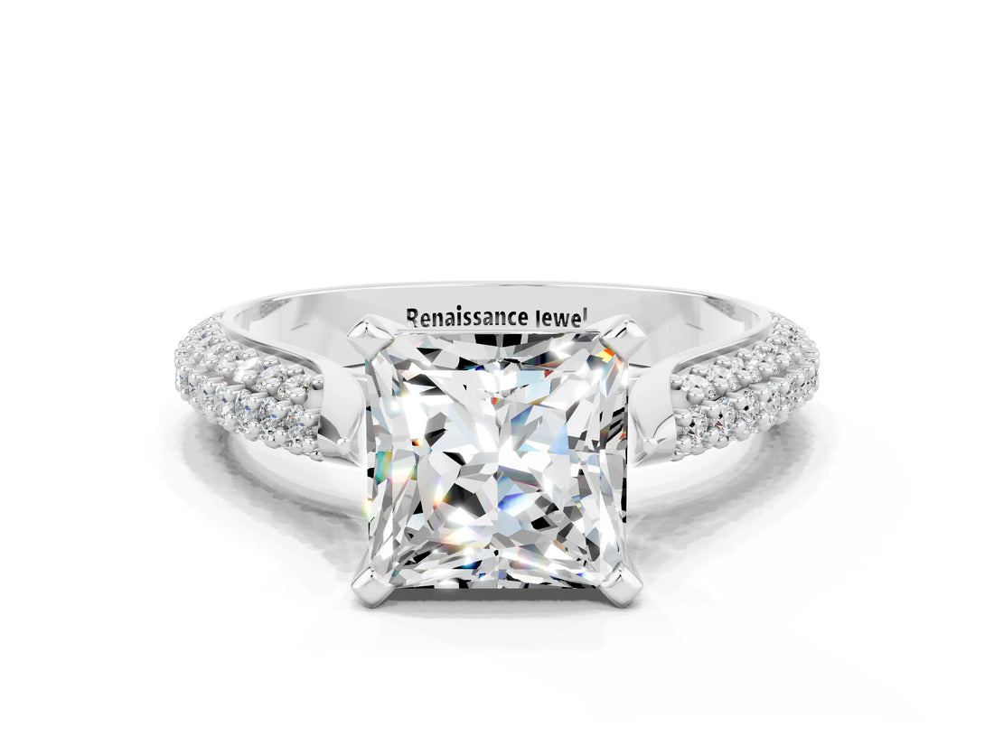 White gold Princess Cut Diamond Solitaire Engagement Ring with Pavé Band and Four-Prong Setting