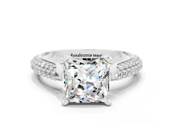 White gold Princess Cut Moissanite Solitaire Engagement Ring with Multi-Row Round Pavé Band and Prong Setting
