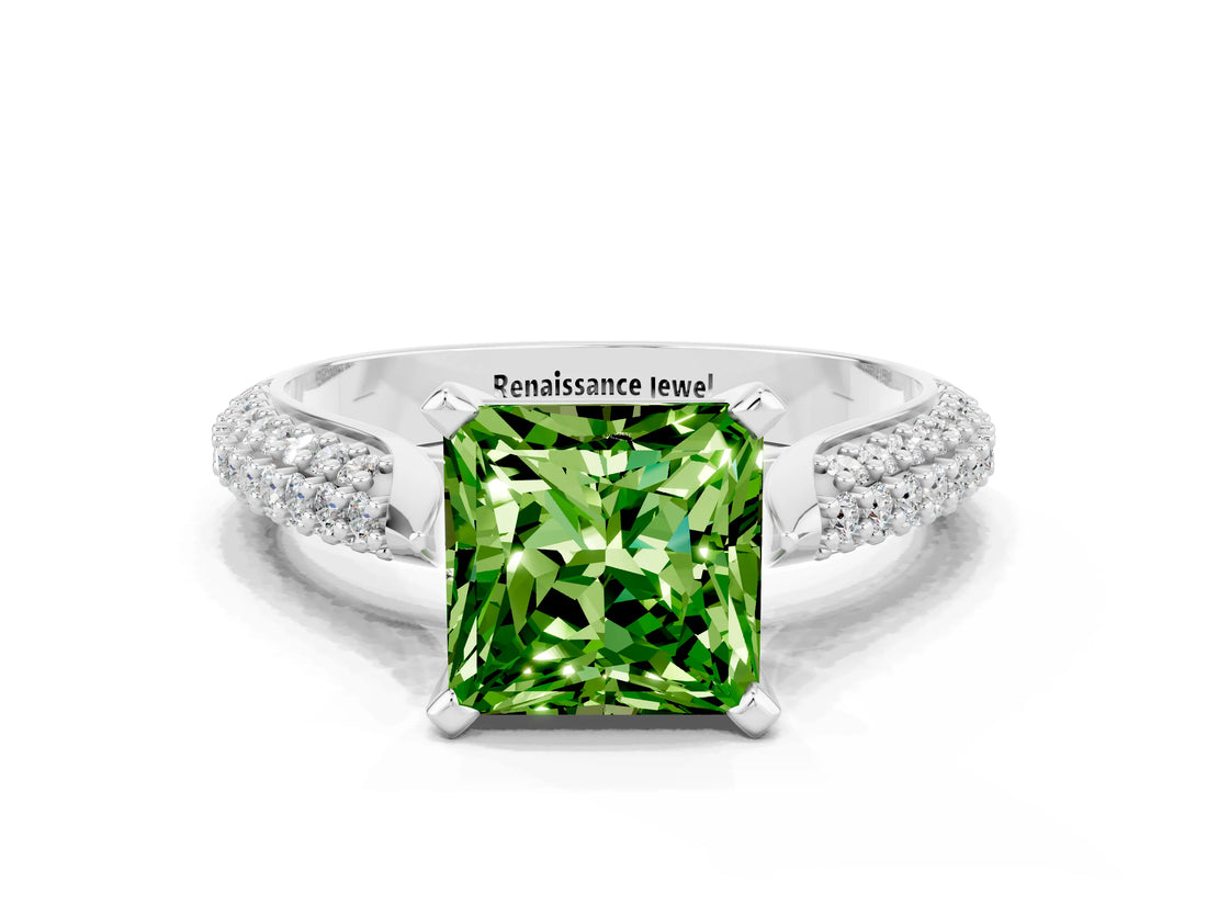 White gold Princess Cut Diamond Solitaire Engagement Ring with Pavé Band and Four-Prong Setting