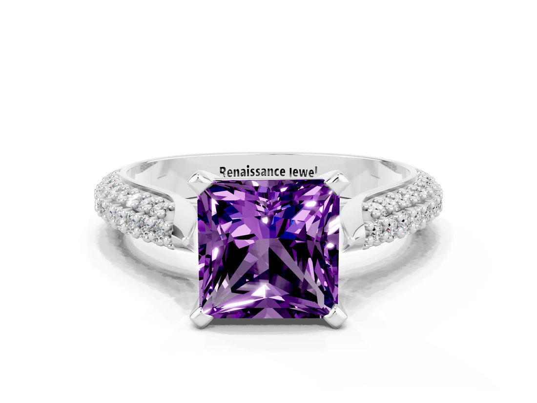 White gold Princess Cut Diamond Solitaire Engagement Ring with Pavé Band and Four-Prong Setting