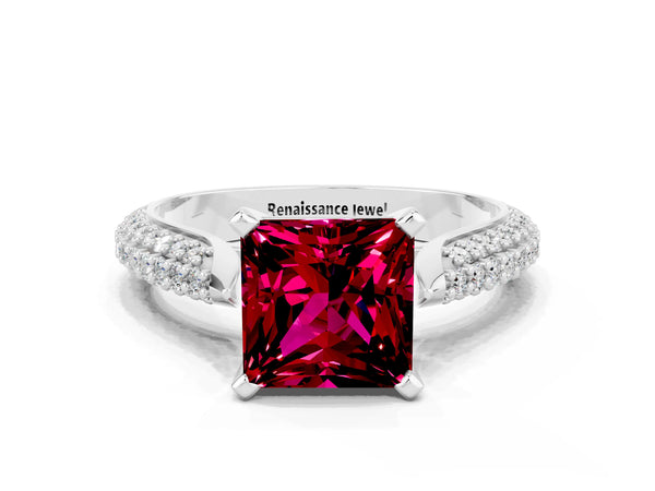 White gold Princess Cut Garnet Solitaire Engagement Ring with Multi-Row Round Pavé Band and Prong Setting
