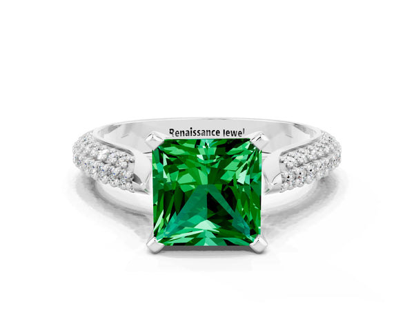 White gold Princess Cut Emerald Solitaire Engagement Ring with Multi-Row Round Pavé Band and Prong Setting