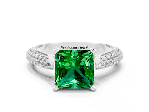 White gold Princess Cut Diamond Solitaire Engagement Ring with Pavé Band and Four-Prong Setting