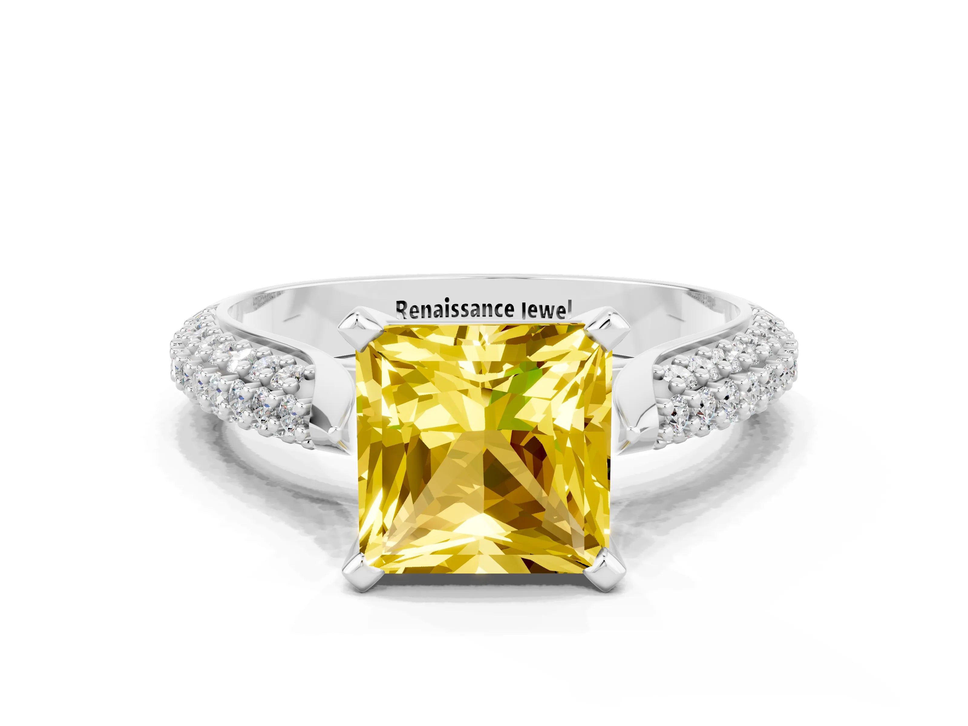 White gold Princess Cut Diamond Solitaire Engagement Ring with Pavé Band and Four-Prong Setting