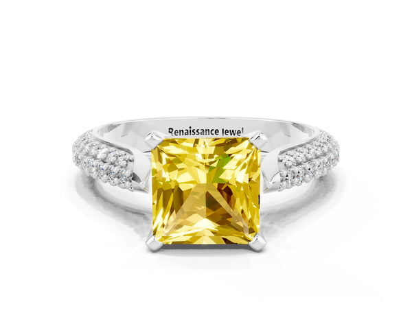 White gold Princess Cut Yellow Sapphire Solitaire Engagement Ring with Multi-Row Round Pavé Band and Prong Setting