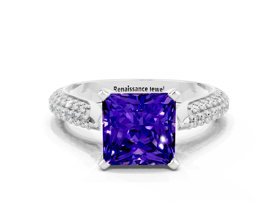 White gold Princess Cut Diamond Solitaire Engagement Ring with Pavé Band and Four-Prong Setting