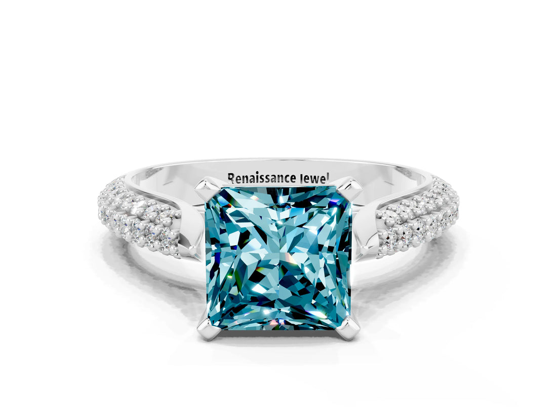 White gold Princess Cut Diamond Solitaire Engagement Ring with Pavé Band and Four-Prong Setting