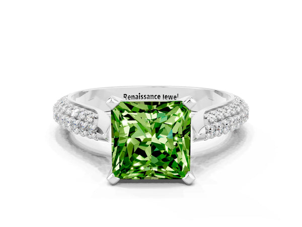 Platinum Princess Cut Diamond Solitaire Engagement Ring with Pavé Band and Four-Prong Setting