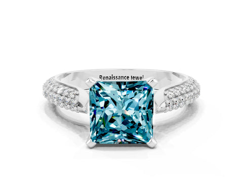 White gold Princess Cut Diamond Solitaire Engagement Ring with Pavé Band and Four-Prong Setting