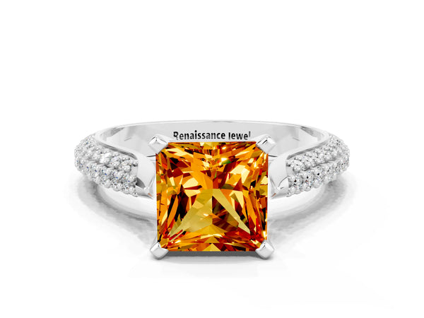 White gold Princess Cut Citrine Solitaire Engagement Ring with Multi-Row Round Pavé Band and Prong Setting