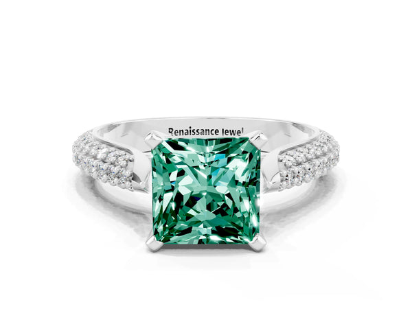 White gold Princess Cut Green Sapphire Solitaire Engagement Ring with Multi-Row Round Pavé Band and Prong Setting