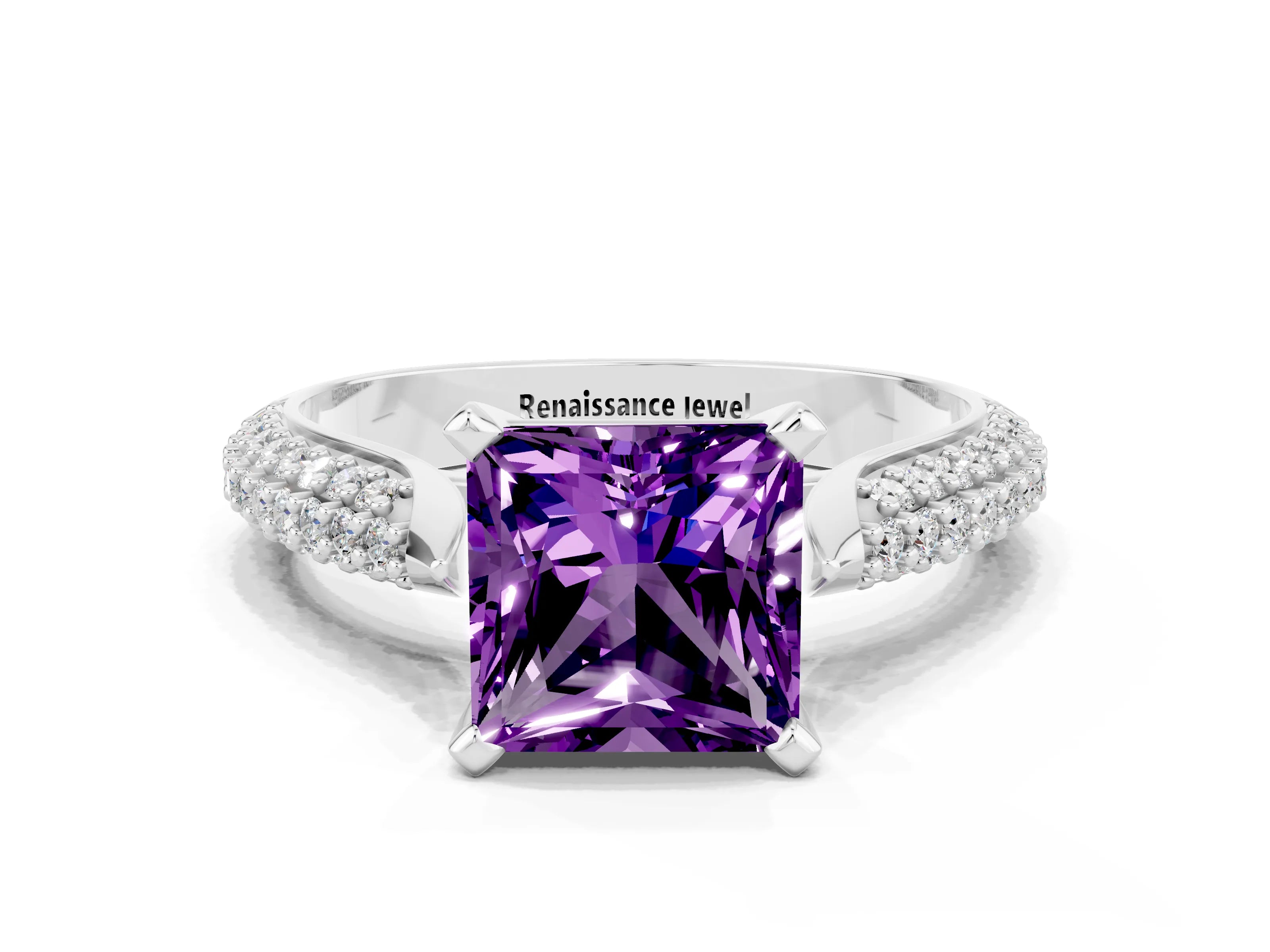 White gold Princess Cut Diamond Solitaire Engagement Ring with Pavé Band and Four-Prong Setting