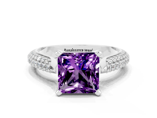 Silver Princess Cut Amethyst Solitaire Engagement Ring with Multi-Row Round Pavé Band and Prong Setting