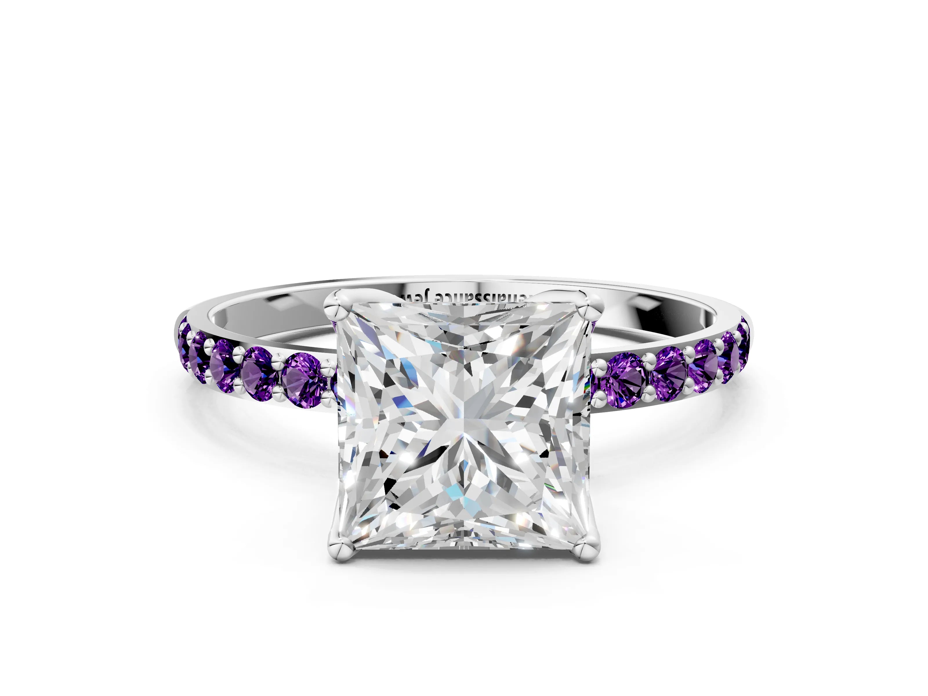 White gold Princess Cut Diamond Solitaire Engagement Ring with Round with Amethyst side stone Pavé Band and Prong Setting_12