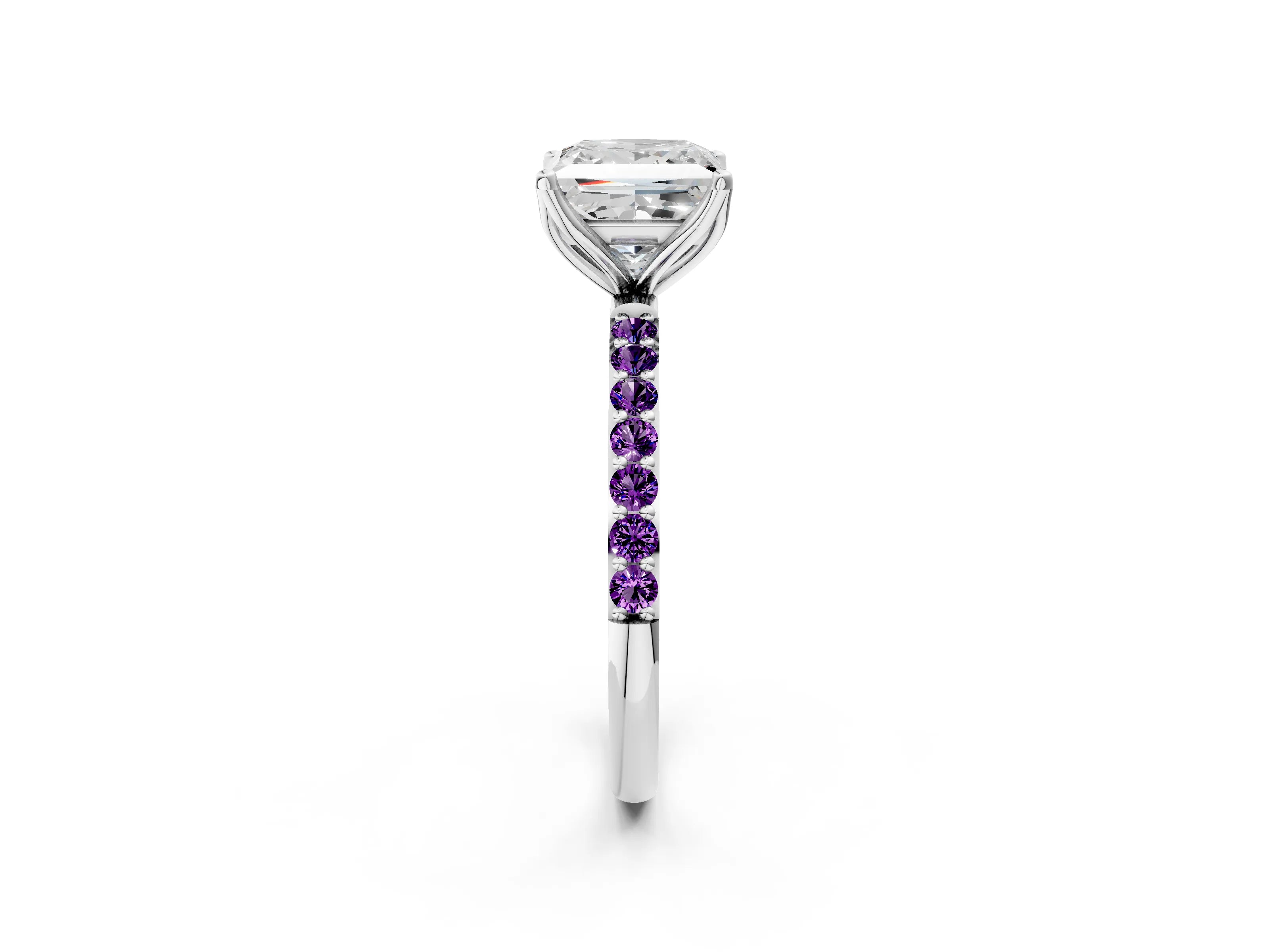 White gold Princess Cut Diamond Solitaire Engagement Ring with Round with Amethyst side stone Pavé Band and Prong Setting_14