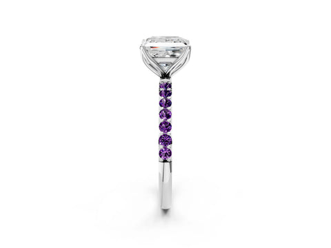 White gold Princess Cut Diamond Solitaire Engagement Ring with Round with Amethyst side stone Pavé Band and Prong Setting_14