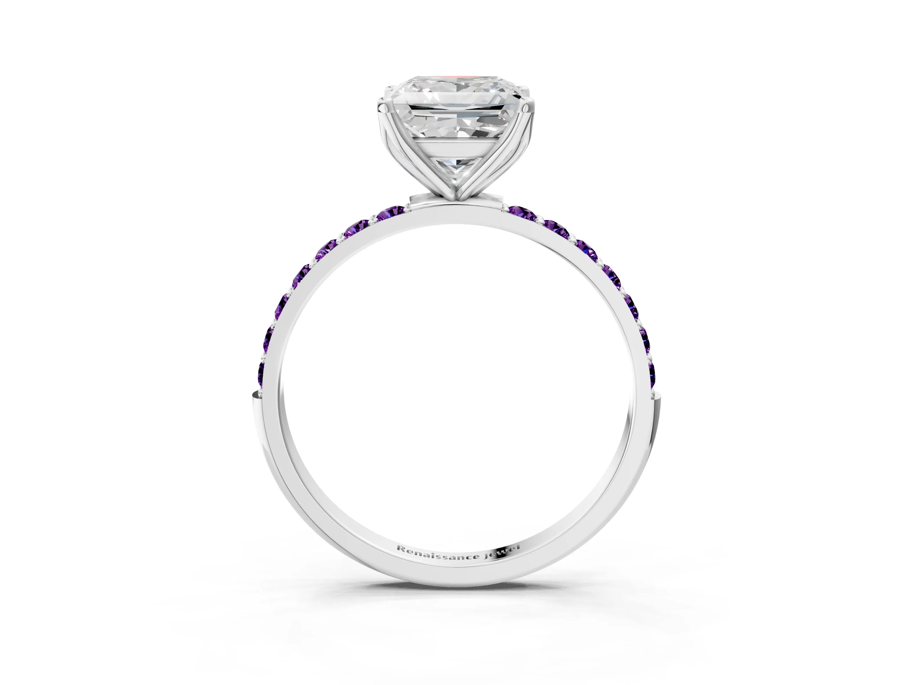 White gold Princess Cut Diamond Solitaire Engagement Ring with Round with Amethyst side stone Pavé Band and Prong Setting_15