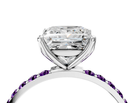 White gold Princess Cut Diamond Solitaire Engagement Ring with Round with Amethyst side stone Pavé Band and Prong Setting_16