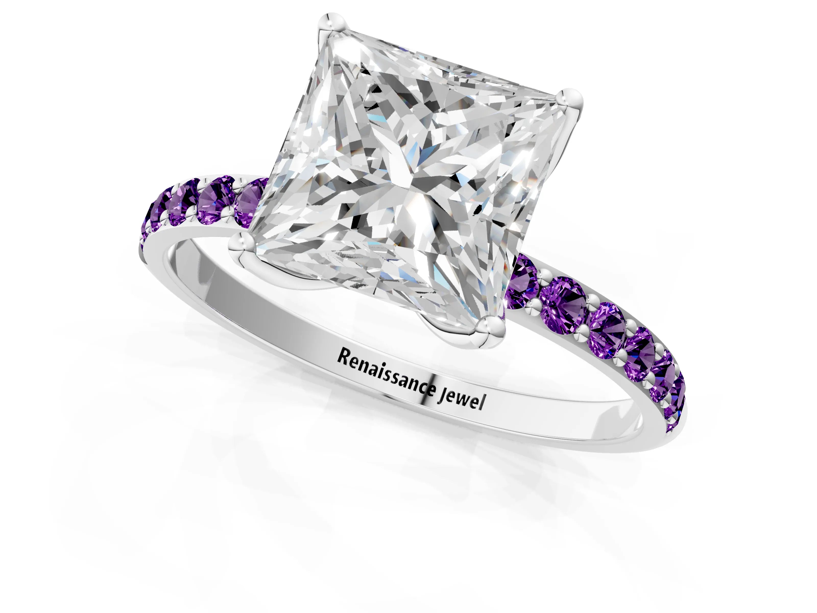 White gold Princess Cut Diamond Solitaire Engagement Ring with Round with Amethyst side stone Pavé Band and Prong Setting_25