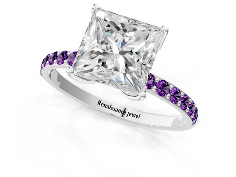 White gold Princess Cut Diamond Solitaire Engagement Ring with Round with Amethyst side stone Pavé Band and Prong Setting_25