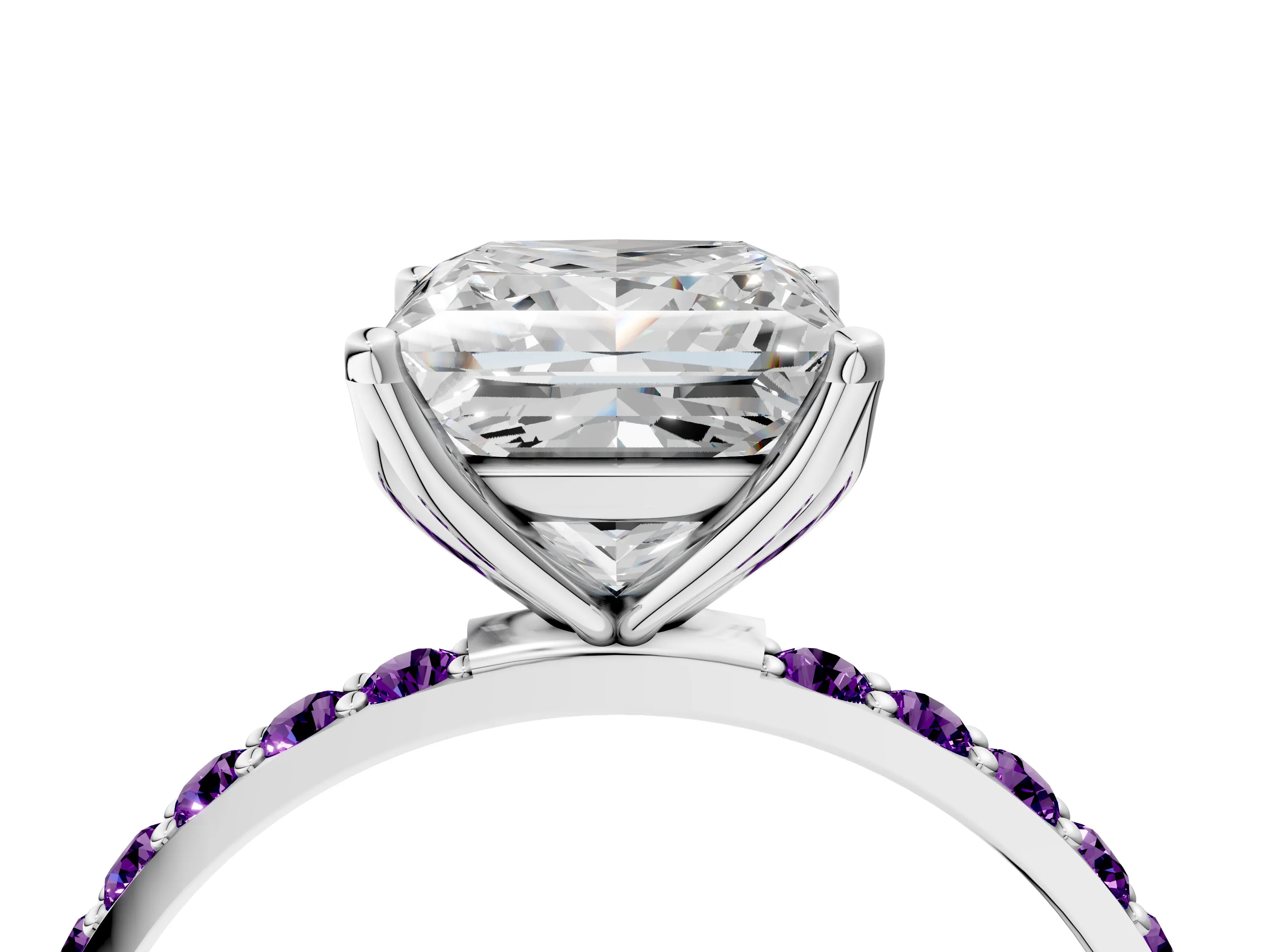 White gold Princess Cut Diamond Solitaire Engagement Ring with Round with Amethyst side stone Pavé Band and Prong Setting_28
