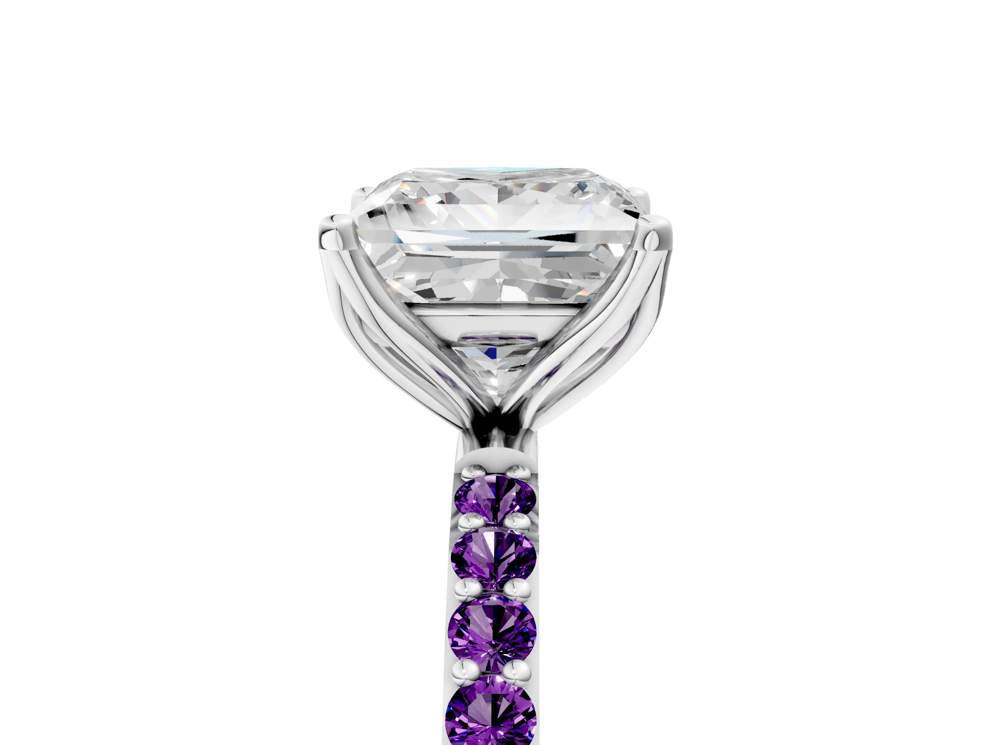 White gold Princess Cut Diamond Solitaire Engagement Ring with Round with Amethyst side stone Pavé Band and Prong Setting_29