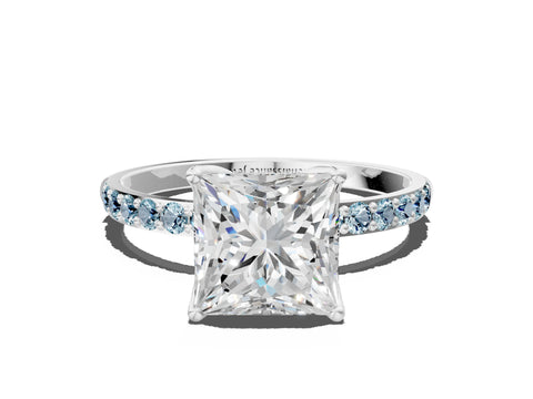 White gold Princess Cut Diamond Solitaire Engagement Ring with Round with Aquamarine side stone Pavé Band and Prong Setting_12