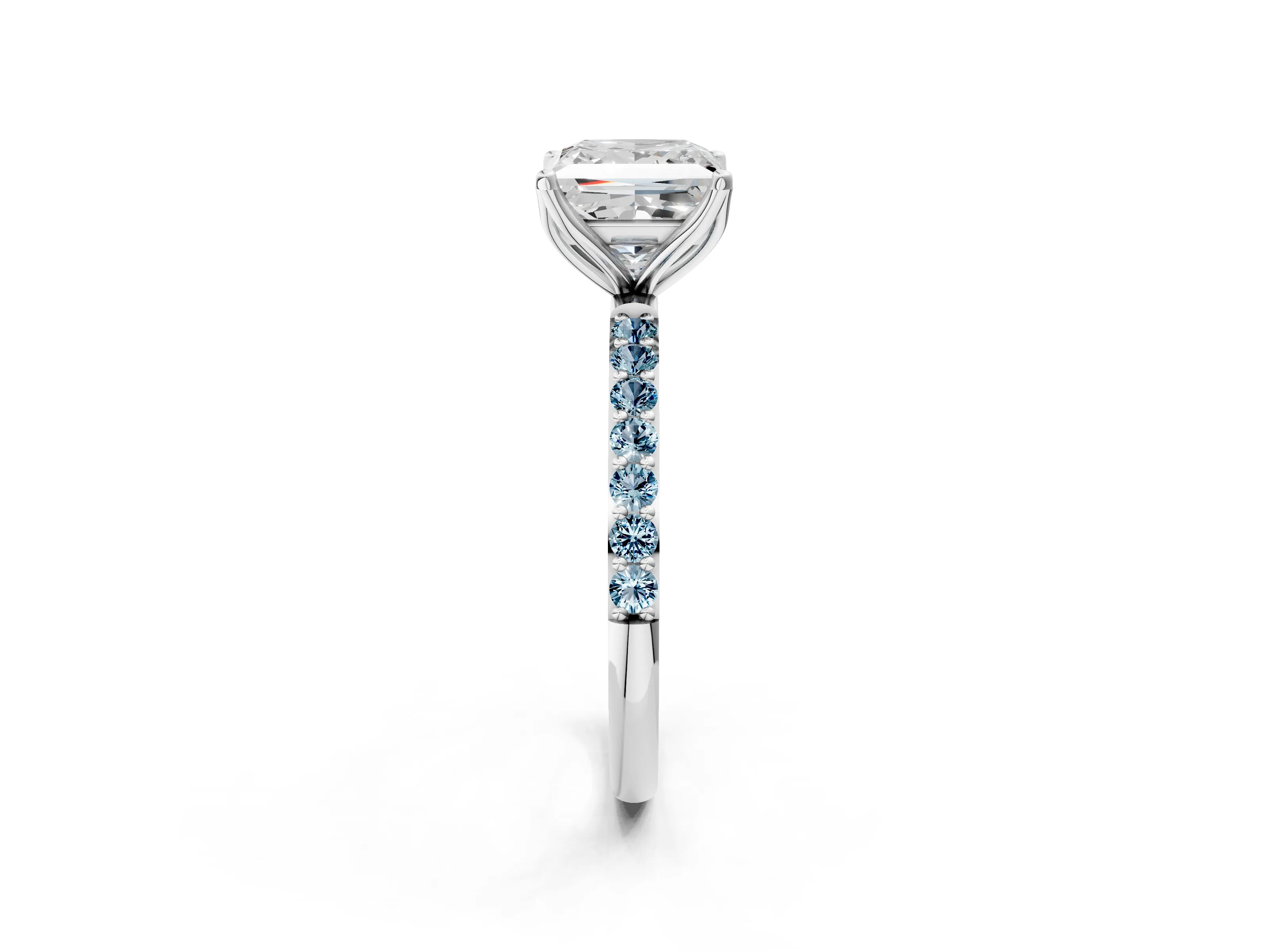 White gold Princess Cut Diamond Solitaire Engagement Ring with Round with Aquamarine side stone Pavé Band and Prong Setting_14