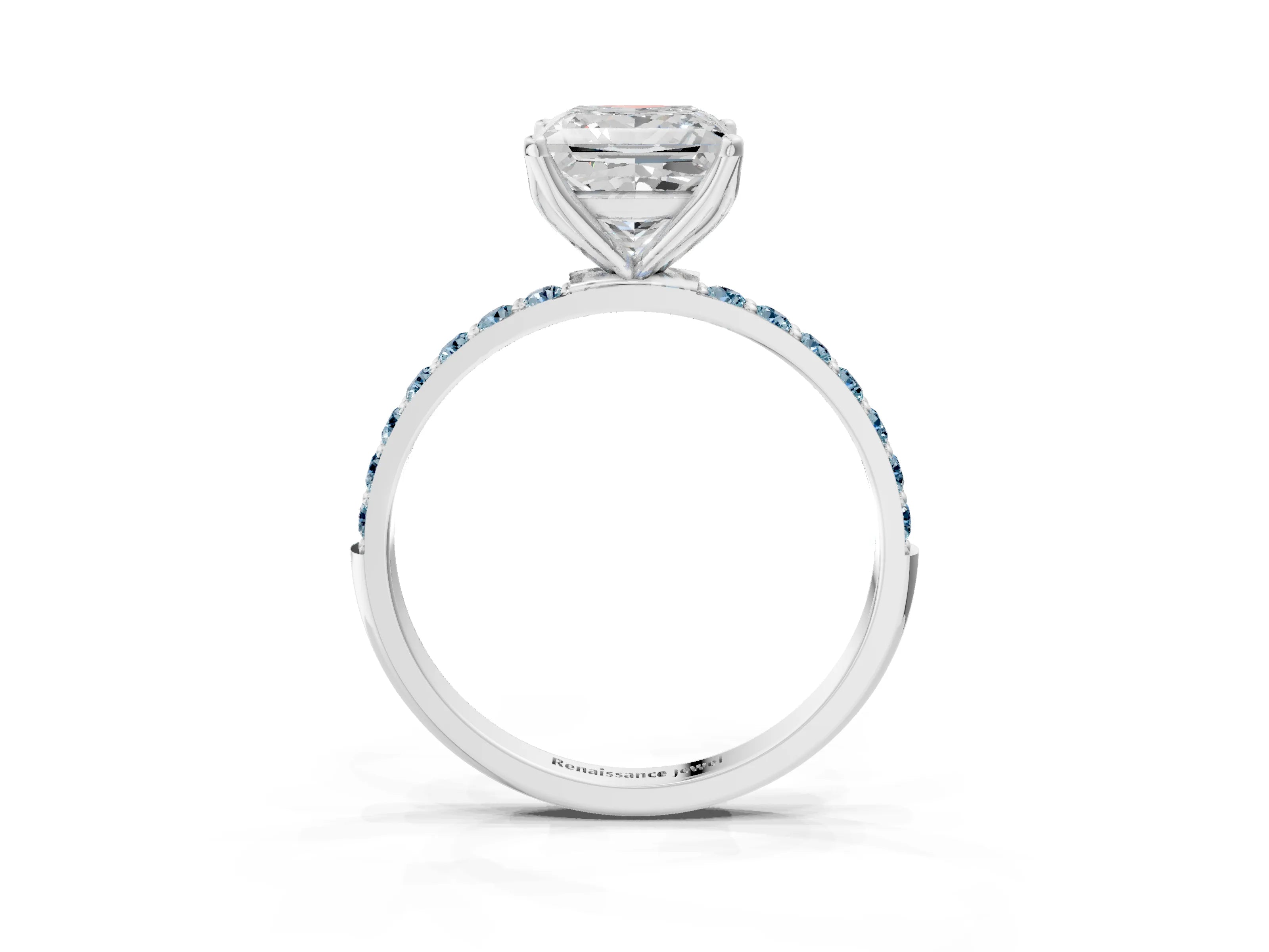 White gold Princess Cut Diamond Solitaire Engagement Ring with Round with Aquamarine side stone Pavé Band and Prong Setting_15