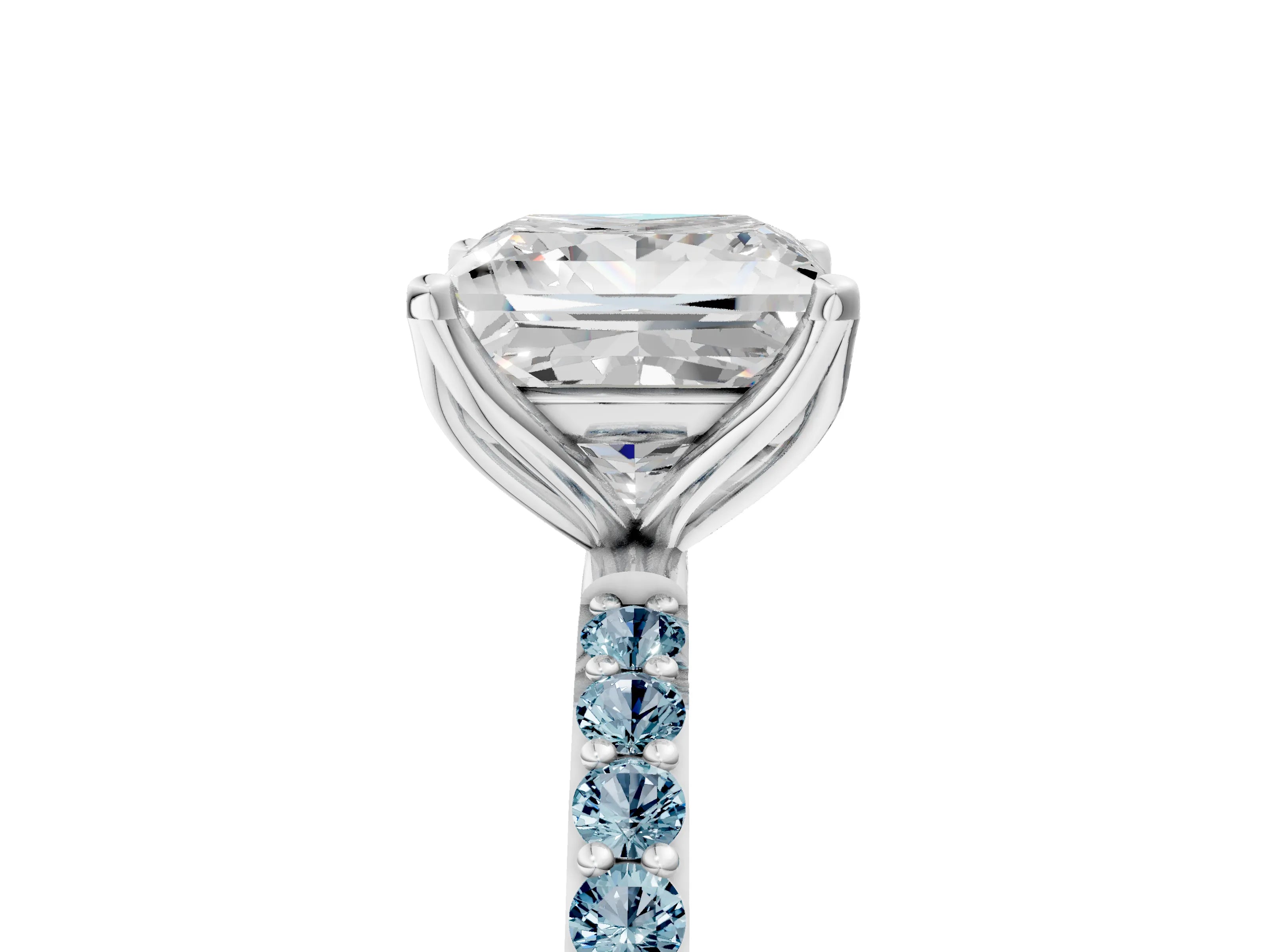 White gold Princess Cut Diamond Solitaire Engagement Ring with Round with Aquamarine side stone Pavé Band and Prong Setting_29