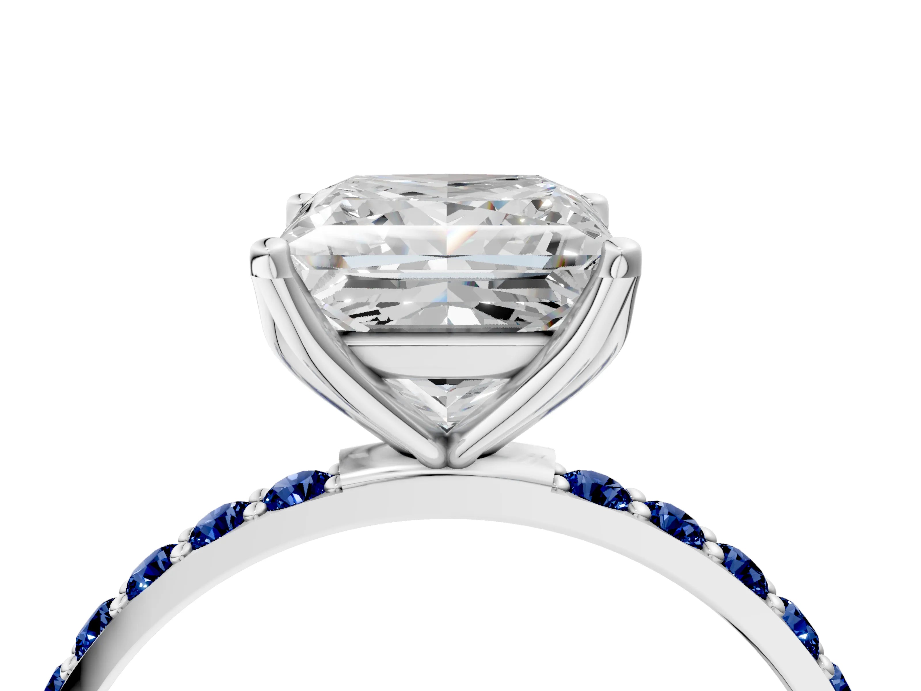 White gold Princess Cut Diamond Solitaire Engagement Ring with Round with Blue Sapphire side stone Pavé Band and Prong Setting_16