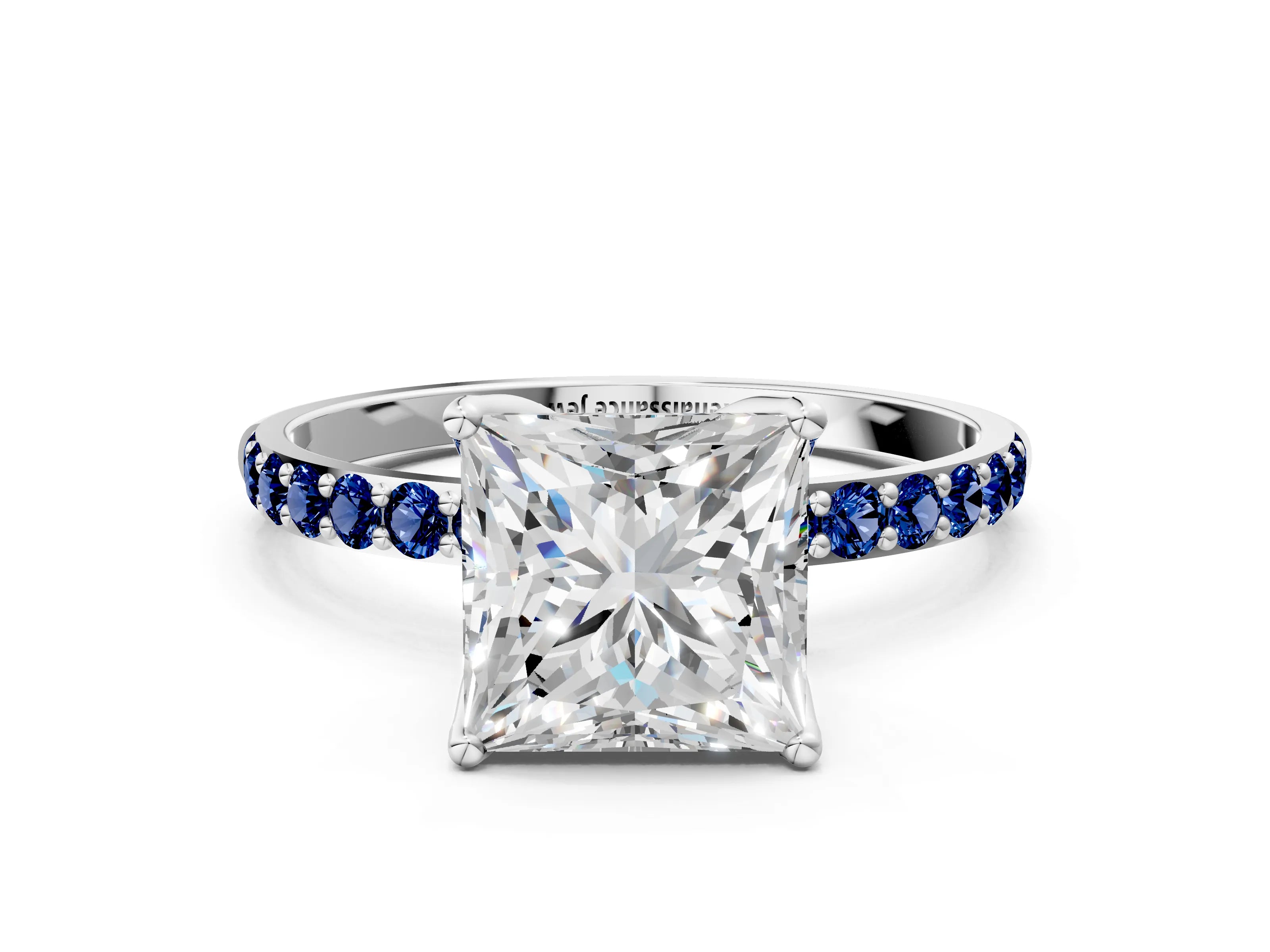 White gold Princess Cut Diamond Solitaire Engagement Ring with Round with Blue Sapphire side stone Pavé Band and Prong Setting_24