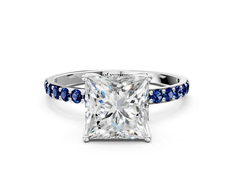 White gold Princess Cut Diamond Solitaire Engagement Ring with Round with Blue Sapphire side stone Pavé Band and Prong Setting_24