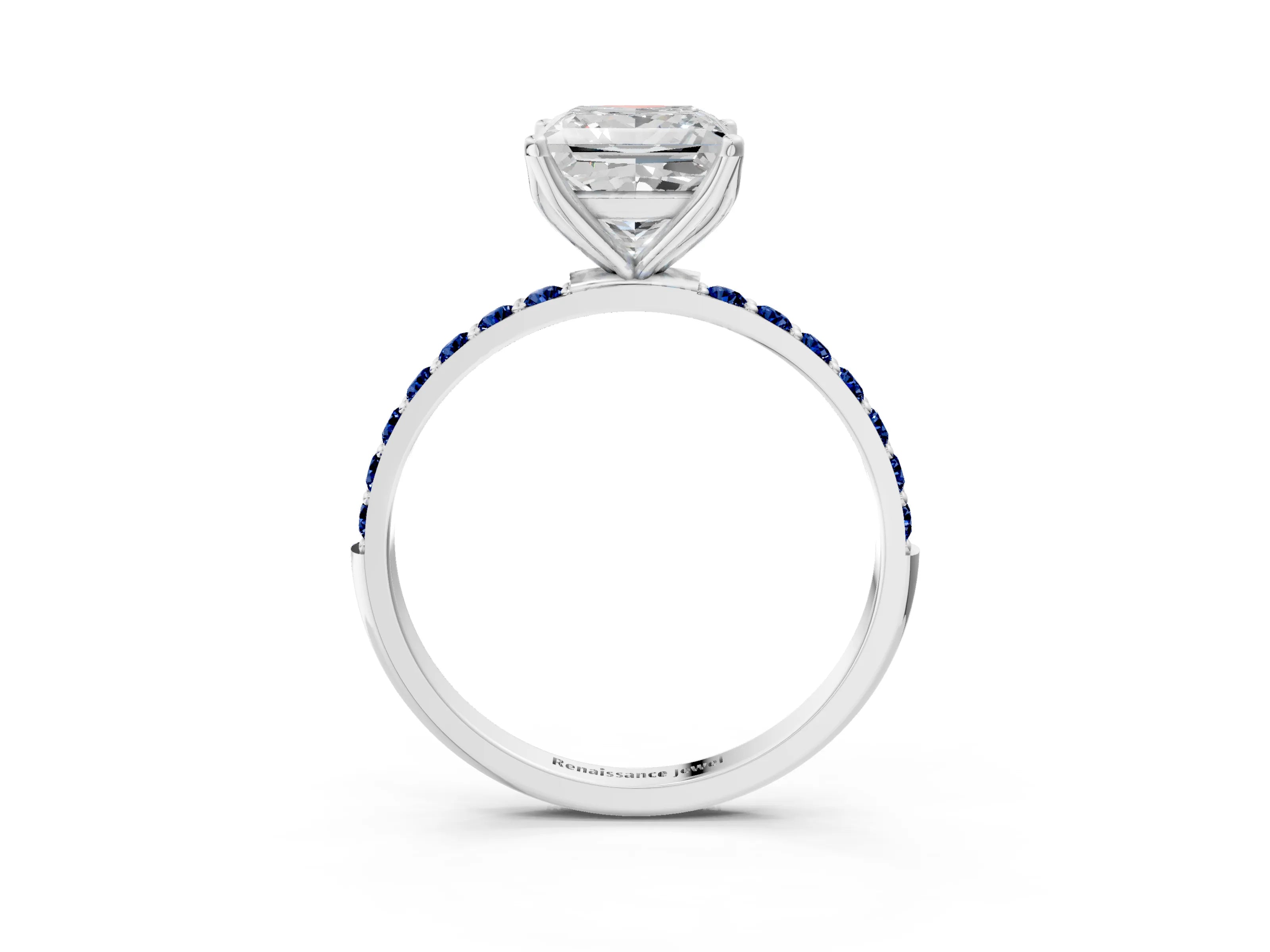 White gold Princess Cut Diamond Solitaire Engagement Ring with Round with Blue Sapphire side stone Pavé Band and Prong Setting_27