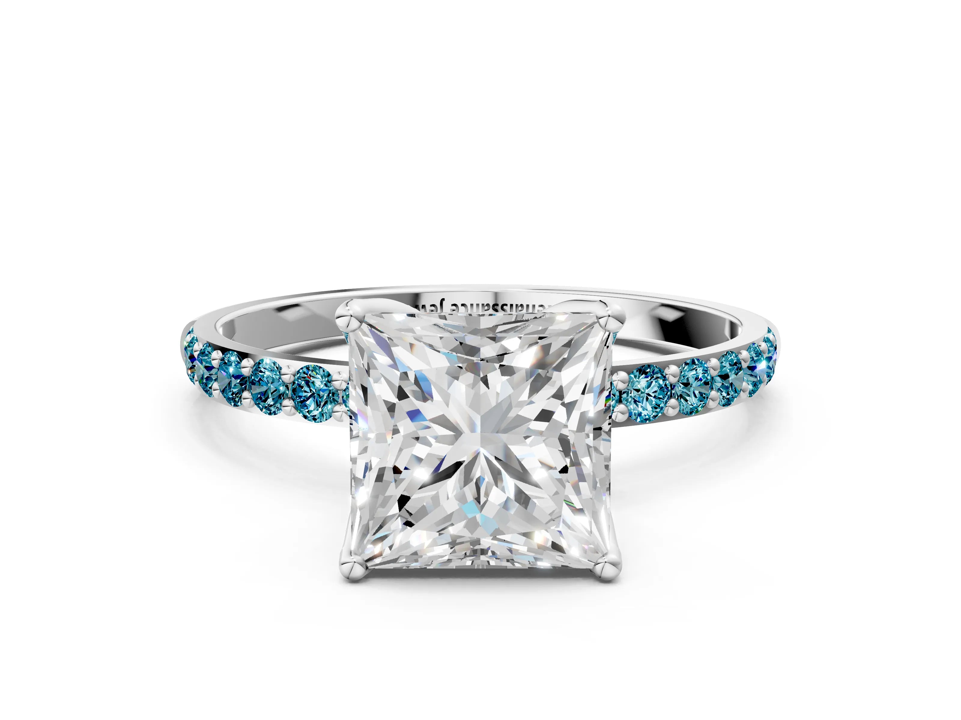 White gold Princess Cut Diamond Solitaire Engagement Ring with Round with Blue Topaz side stone Pavé Band and Prong Setting_12