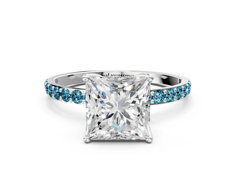 White gold Princess Cut Diamond Solitaire Engagement Ring with Round with Blue Topaz side stone Pavé Band and Prong Setting_12