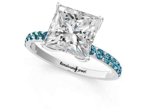 White gold Princess Cut Diamond Solitaire Engagement Ring with Round with Blue Topaz side stone Pavé Band and Prong Setting_13
