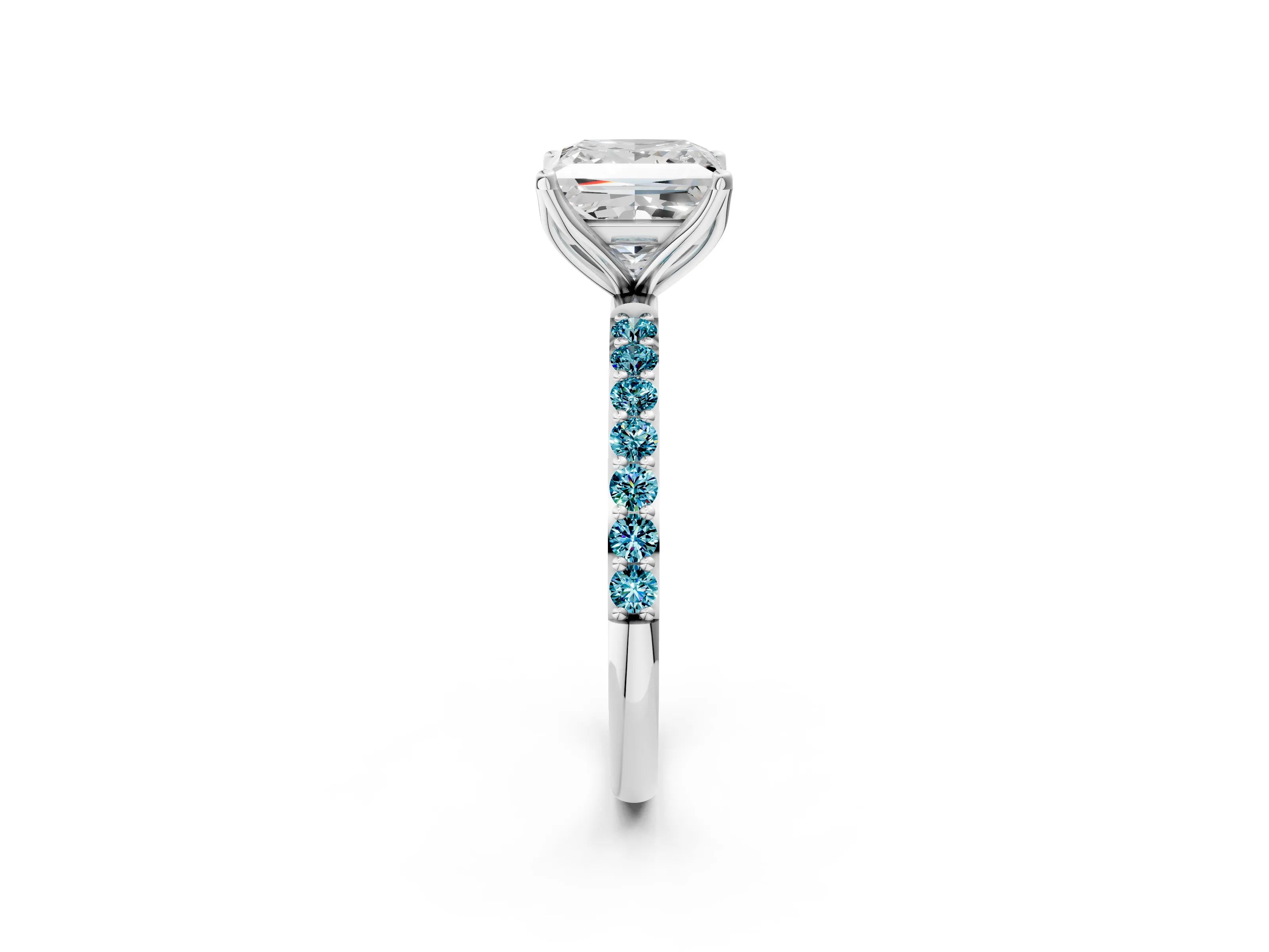 White gold Princess Cut Diamond Solitaire Engagement Ring with Round with Blue Topaz side stone Pavé Band and Prong Setting_14