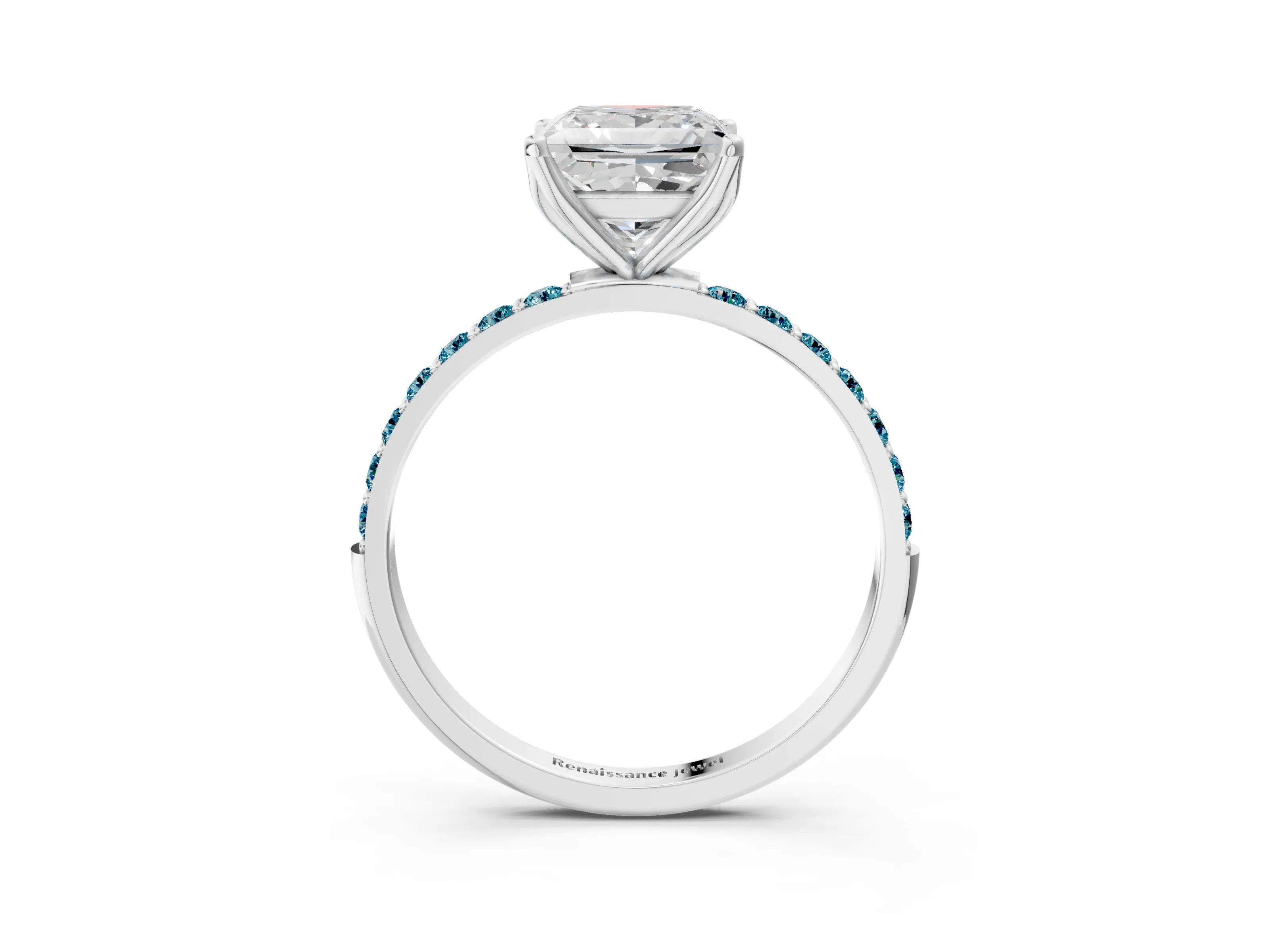 White gold Princess Cut Diamond Solitaire Engagement Ring with Round with Blue Topaz side stone Pavé Band and Prong Setting_15