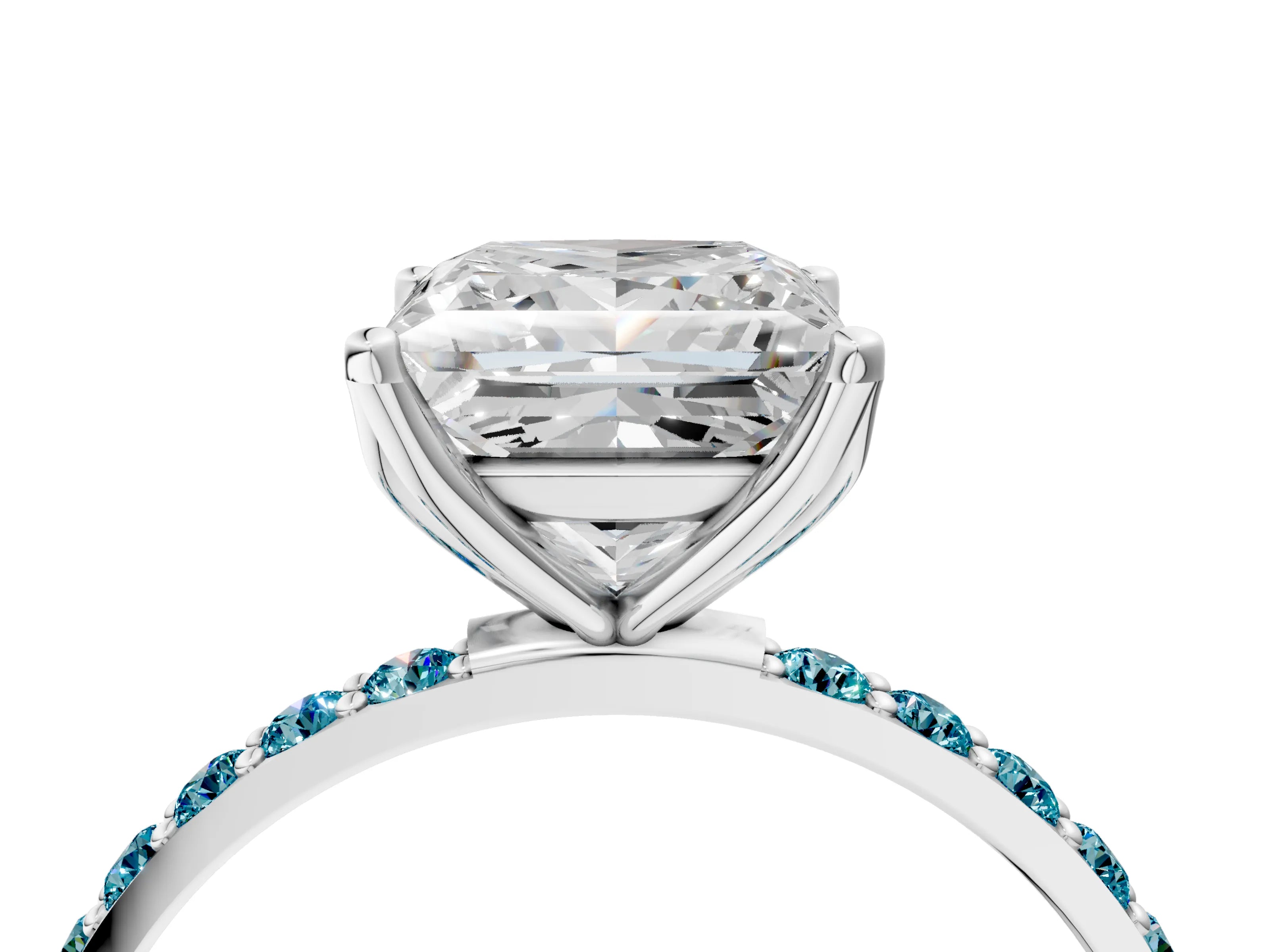 White gold Princess Cut Diamond Solitaire Engagement Ring with Round with Blue Topaz side stone Pavé Band and Prong Setting_16