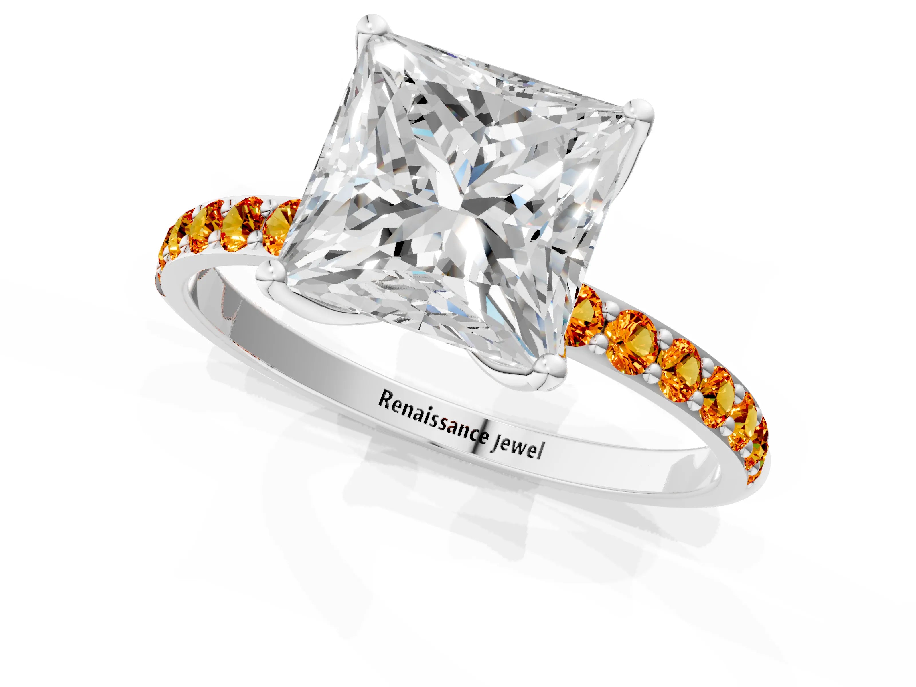 White gold Princess Cut Diamond Solitaire Engagement Ring with Round with Citrine side stone Pavé Band and Prong Setting_1