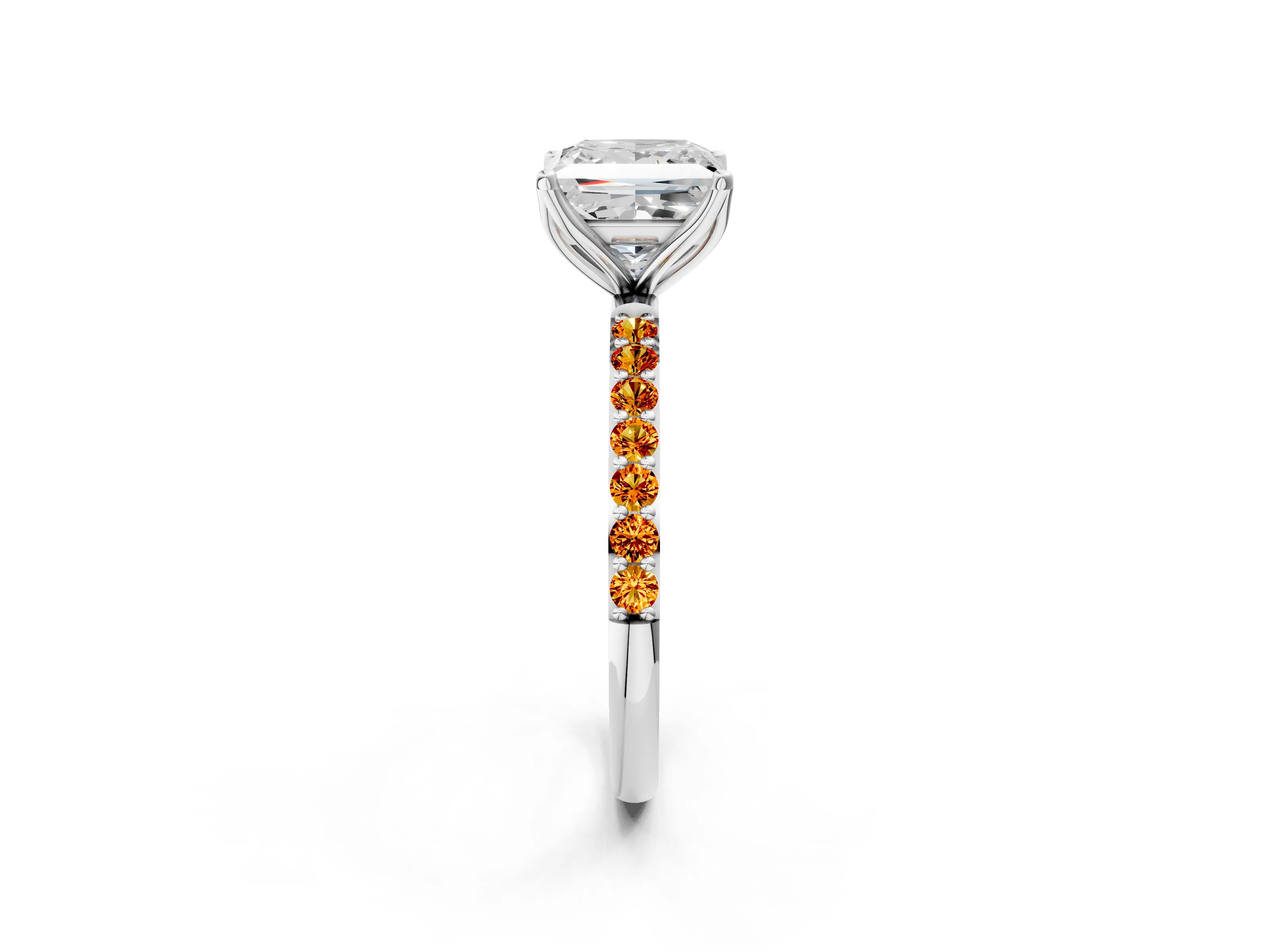 White gold Princess Cut Diamond Solitaire Engagement Ring with Round with Citrine side stone Pavé Band and Prong Setting_2