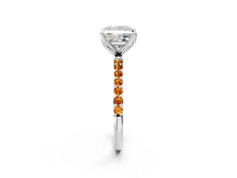 White gold Princess Cut Diamond Solitaire Engagement Ring with Round with Citrine side stone Pavé Band and Prong Setting_2